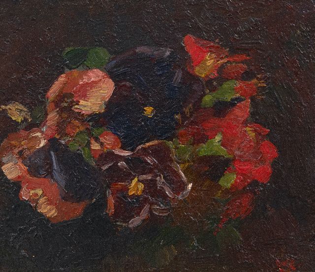 Willem de Zwart | Violen en rode Oost-Indische kers, olieverf op paneel, 13,1 x 15,2 cm, gesigneerd r.o. met initialen