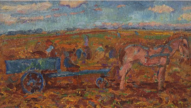 Johan Dijkstra | Oogstende landarbeiders, olieverf op board op paneel, 35,7 x 62,8 cm
