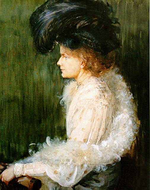 Wagenführ G.  | Een elegante dame met veren op haar hoed, aquarel op papier 59,0 x 44,0 cm, gesigneerd r.o. en gedateerd '05