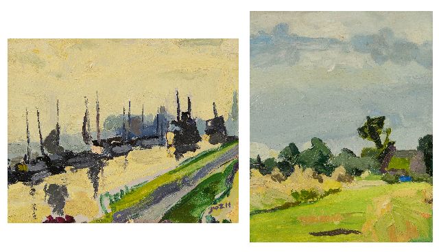 Jan van der Zee | Schepen in het Damsterdiep; verso: Zomerlandschap, olieverf op paneel, 24,4 x 30,5 cm, gesigneerd r.o.