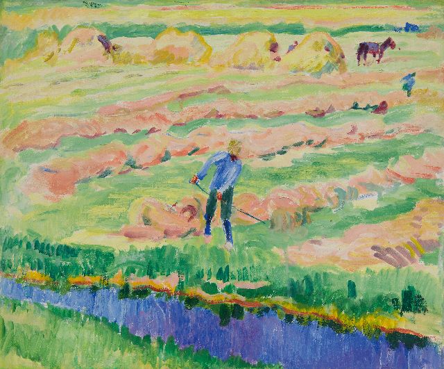 Jan Altink | Gronings landschap met hooiende boer, olieverf op doek, 50,3 x 60,2 cm