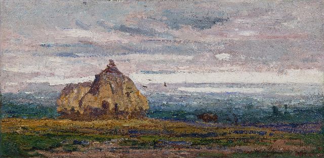Herman Gouwe | Panoramisch landschap met hooiruiters, olieverf op doek, 22,3 x 45,5 cm, gesigneerd r.o. en gedateerd '14