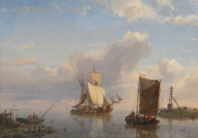 Hermanus Koekkoek | Zeilschepen en vissers bij een havenhoofd, olieverf op doek, 38,3 x 54,5 cm, gesigneerd l.o. en gedateerd 1858