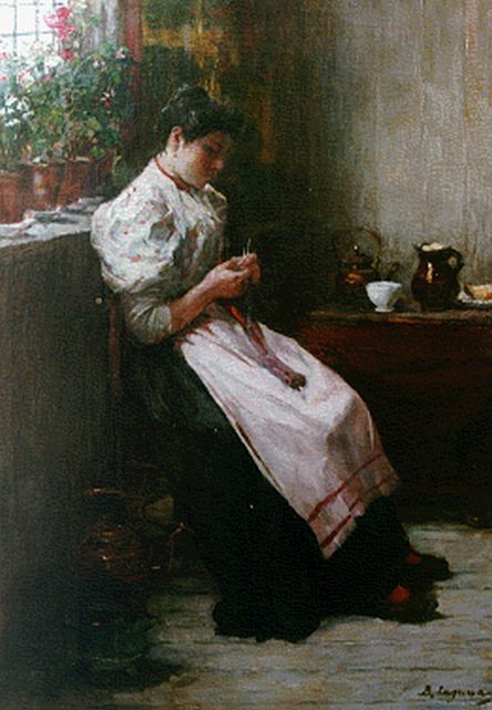 Baruch  Lopez de Leao Laguna | Breiende vrouw in interieur, olieverf op doek, 56,5 x 39,9 cm, gesigneerd r.o.