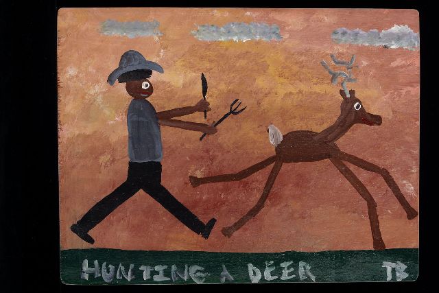 Tim Brown | Hunting a deer, acryl op paneel, 35,0 x 46,0 cm, gesigneerd r.o. met initialen
