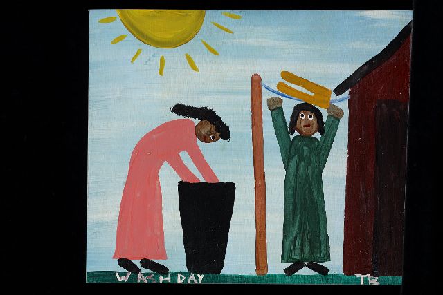 Tim Brown | Wash day, acryl op paneel, 35,0 x 41,0 cm, gesigneerd r.o. met initialen