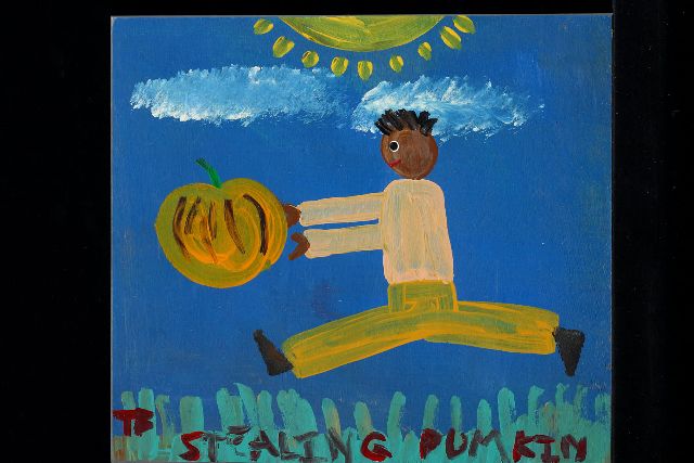 Tim Brown | Stealing pumkin, acryl op paneel, 35,0 x 39,0 cm, gesigneerd l.o. met initialen