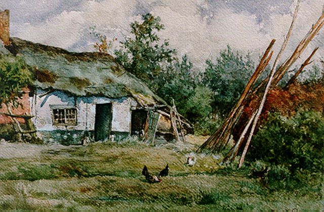 Willem Roelofs | Boerderij met kippen te Putten, aquarel op papier, 29,5 x 45,0 cm, gesigneerd r.o. en gedateerd 1876