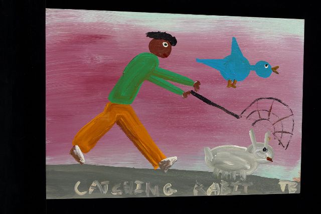 Tim Brown | Catching rabit, acryl op paneel, 38,0 x 53,0 cm, gesigneerd r.o. met initialen