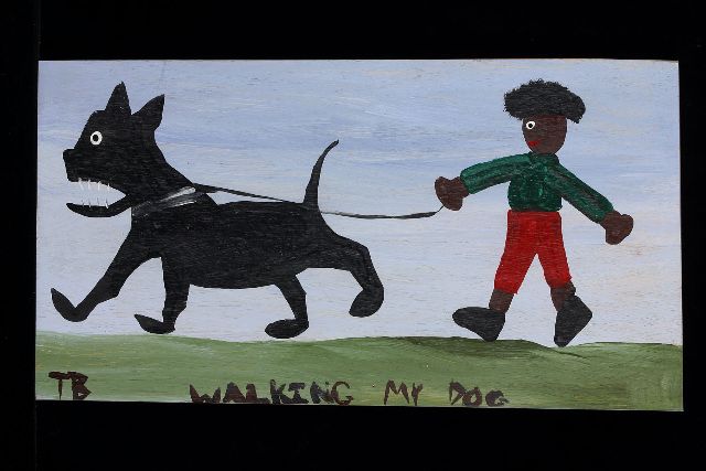 Brown T.  | Walking my dog, acryl op paneel 33,0 x 62,0 cm, gesigneerd l.o. met initialen