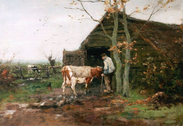 Johan Frederik Cornelis Scherrewitz | Boer met zijn vee op het erf, olieverf op paneel, 28,2 x 39,8 cm, gesigneerd r.o.