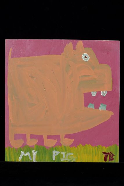 Tim Brown | My pig, acryl op paneel, 39,0 x 37,0 cm, gesigneerd r.o. met initialen