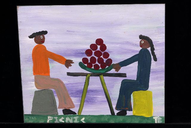 Tim Brown | Picnic, acryl op paneel, 34,0 x 42,0 cm, gesigneerd r.o. met initialen