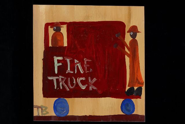 Tim Brown | Fire truck, acryl op paneel, 38,0 x 37,0 cm, gesigneerd l.o. met initialen