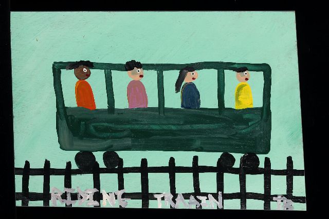 Tim Brown | Riding train, acryl op paneel, 33,0 x 48,0 cm, gesigneerd r.o. met initialen