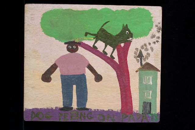 Tim Brown | Dog peeing on papa, acryl op paneel, 40,0 x 47,0 cm, gesigneerd r.o. met initialen