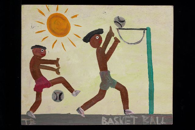 Tim Brown | Basket ball, acryl op paneel, 38,0 x 48,0 cm, gesigneerd l.o. met initialen