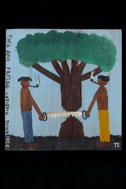 Tim Brown | Papa and freind cutting down tree, acryl op paneel, 43,0 x 42,0 cm, gesigneerd r.o. met initialen