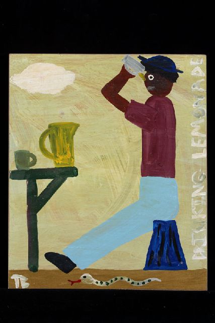 Tim Brown | Drinking lemonade, acryl op paneel, 43,0 x 36,0 cm, gesigneerd l.o. met initialen