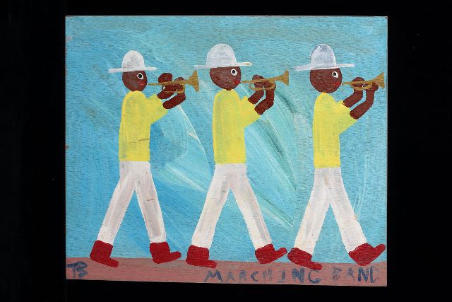 Tim Brown | Marching band, acryl op paneel, 42,0 x 51,0 cm, gesigneerd l.o. met initialen