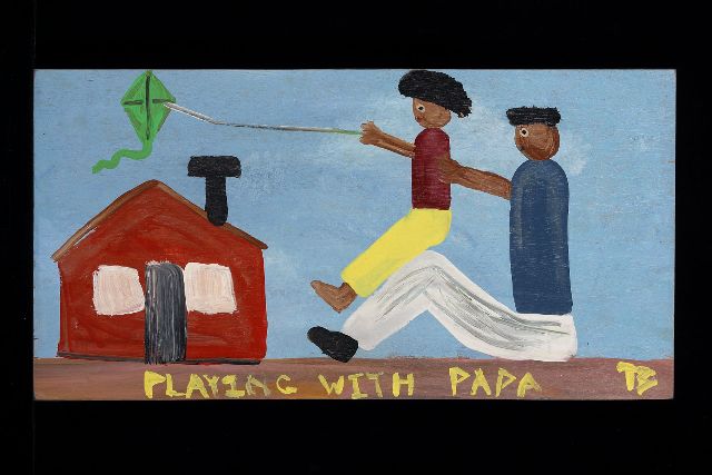 Tim Brown | Playing with papa, acryl op paneel, 28,0 x 56,0 cm, gesigneerd r.o. met initialen