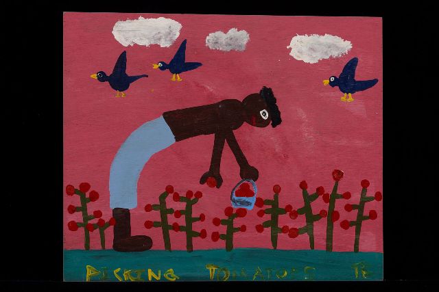 Tim Brown | Picking tomatoes, acryl op paneel, 34,0 x 40,0 cm, gesigneerd r.o. met initialen
