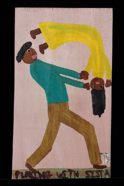 Tim Brown | Playing with sista, acryl op paneel, 53,0 x 30,0 cm, gesigneerd r.o. met initialen