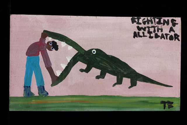 Tim Brown | Fighting with a alligator, acryl op paneel, 28,0 x 51,0 cm, gesigneerd r.o. met initialen