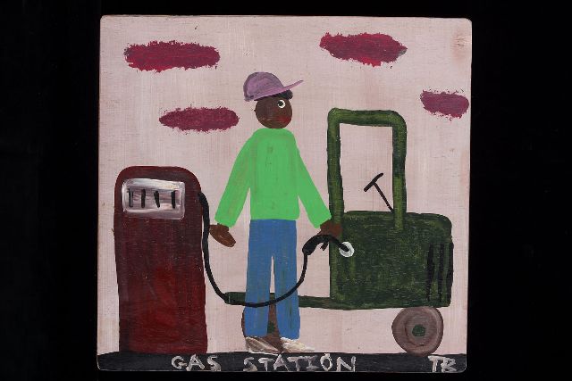 Tim Brown | Gas station, acryl op paneel, 41,0 x 43,0 cm, gesigneerd r.o. met initialen