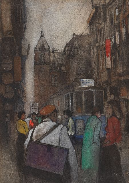 Jan Rijlaarsdam | Winkelend publiek in de Amsterdamse Leidsestraat, pastel en aquarel op papier, 28,2 x 20,2 cm, gesigneerd l.o.