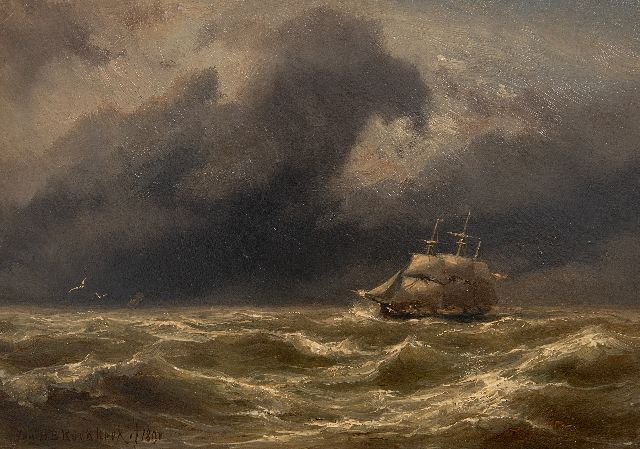 Jan H.B. Koekkoek | Driemaster op zee in een storm, olieverf op paneel, 17,0 x 23,8 cm, gesigneerd l.o. en gedateerd 1891