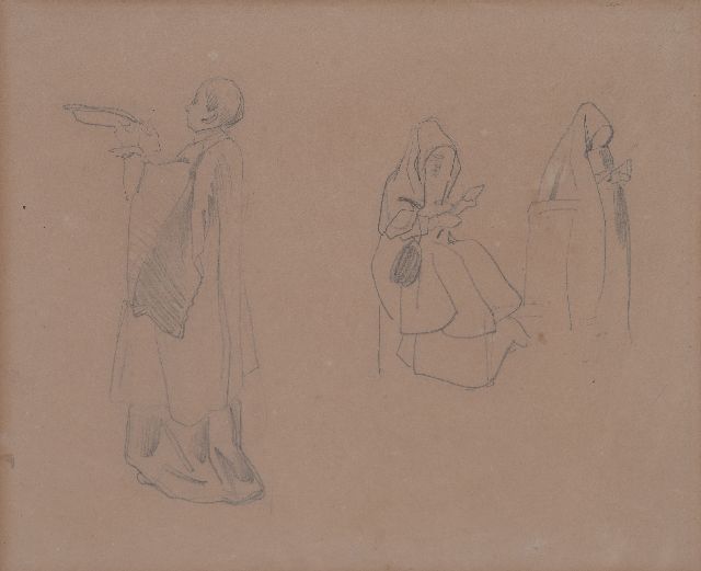 Johannes Bosboom | Studie van kloosterling en nonnen, potlood op papier, 20,8 x 26,1 cm