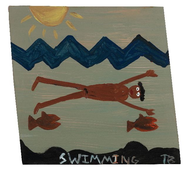 Tim Brown | Swimming, acryl op paneel, 40,0 x 41,0 cm, gesigneerd r.o. met initialen