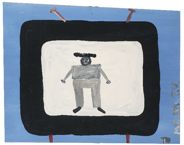 Tim Brown | Me on tv, acryl op paneel, 37,0 x 48,0 cm, gesigneerd r.o. met initialen