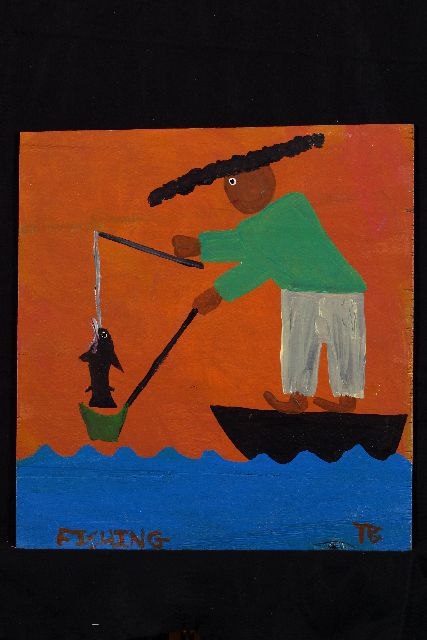 Tim Brown | Fishing, acryl op paneel, 46,0 x 43,0 cm, gesigneerd r.o. met initialen