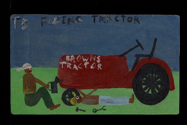 Tim Brown | Fixing tractor, acryl op paneel, 30,0 x 50,0 cm, gesigneerd l.b. met initialen