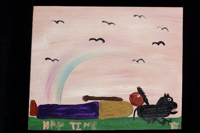 Tim Brown | Nap time, acryl op paneel, 38,0 x 47,0 cm, gesigneerd r.o. met initialen
