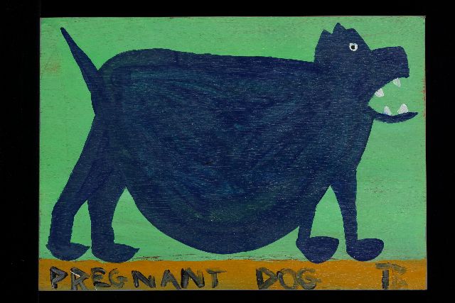 Tim Brown | Pregnant dog, acryl op paneel, 31,0 x 44,0 cm, gesigneerd r.o. met initialen