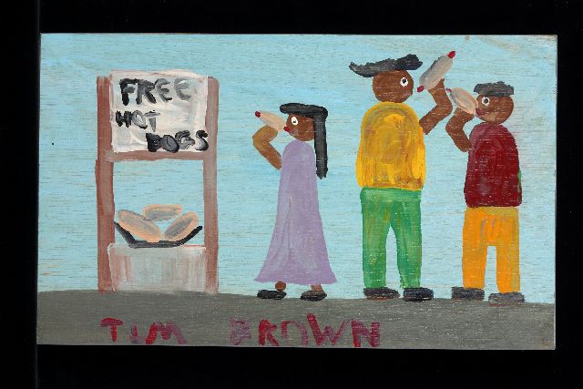 Tim Brown | Free hotdogs, acryl op paneel, 27,0 x 44,0 cm, gesigneerd m.o.