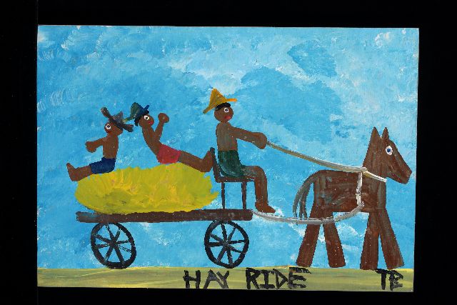 Tim Brown | Hay ride, acryl op paneel, 36,0 x 52,0 cm, gesigneerd r.o. met initialen