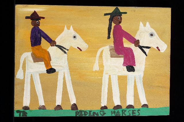 Tim Brown | Riding horses, acryl op paneel, 37,0 x 52,0 cm, gesigneerd l.o. met initialen