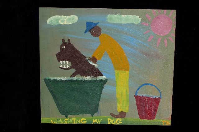 Tim Brown | Washing my dog, acryl op paneel, 47,0 x 55,0 cm, gesigneerd r.o. met initialen