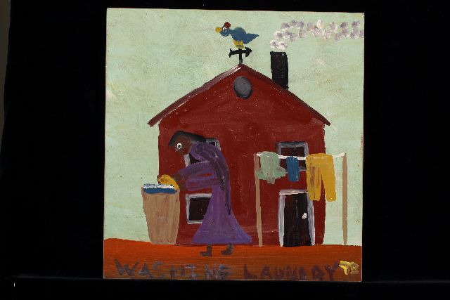Tim Brown | Washing laundry, acryl op paneel, 40,0 x 39,0 cm, gesigneerd r.o. met initialen