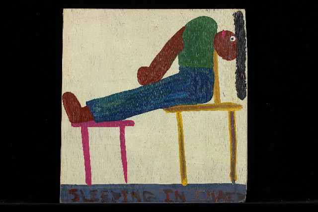 Tim Brown | Sleeping in chair, acryl op paneel, 38,0 x 37,0 cm