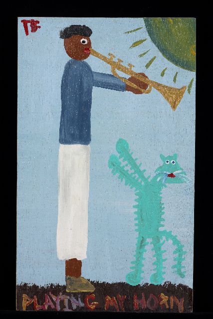 Tim Brown | Playing my horn, acryl op paneel, 44,0 x 27,0 cm, gesigneerd l.b. met initialen