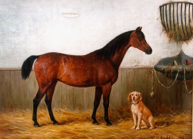 Nakken W.K.  | Portret van paard 'Wolfsmilch' in stal, olieverf op paneel 33,6 x 45,0 cm, gesigneerd r.o. en gedateerd '88