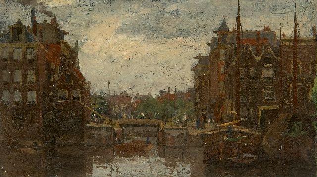 Bobeldijk F.  | Amsterdams stadsgezicht (mogelijk met de Sint Anthoniessluis), olieverf op doek op board 13,0 x 21,5 cm, gesigneerd l.o.