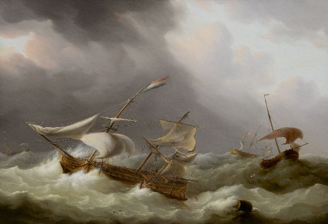 Schouman M.  | Woelige zee met zeilschepen, olieverf op paneel 51,0 x 71,5 cm, gesigneerd l.o.