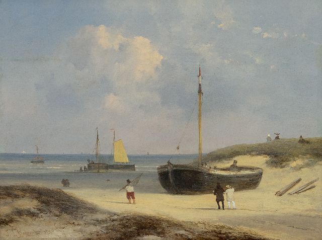 Hoppenbrouwers J.F.  | Wandelaars, vissers en bomschuiten op het strand bij Scheveningen, olieverf op paneel 22,4 x 29,0 cm, gesigneerd l.o.