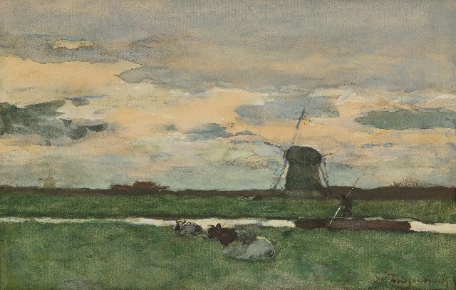 Jan Hendrik Weissenbruch | Polderlandschap met molen en pramende boer, aquarel op papier, 29,7 x 46,0 cm, gesigneerd r.o.